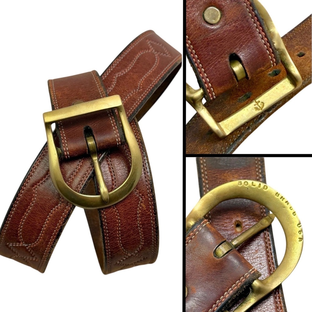 VTG North‎ & Judd Anchor Brand Brass Buckle Western Belt 38 Leather Patina 70s